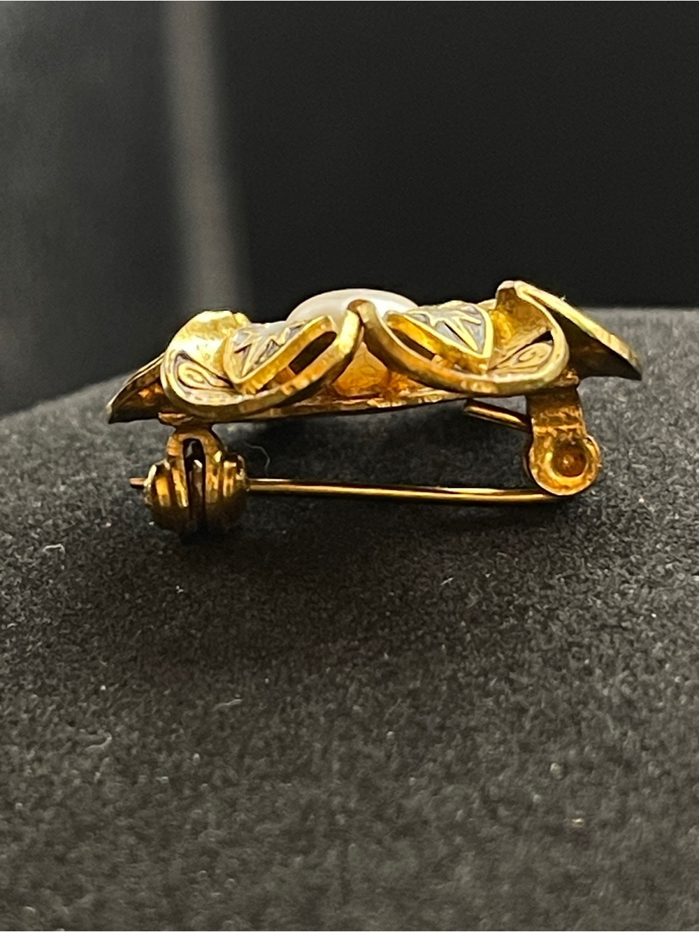 Vintage Damascene Floral Brooch Scarf Pin Faux Pearl Black Gold Starburst - Picture 9 of 12